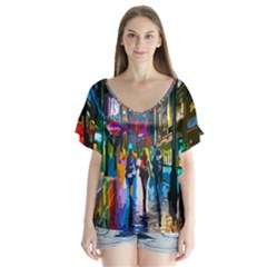 Abstract Vibrant Colour Cityscape V-neck Flutter Sleeve Top by BangZart