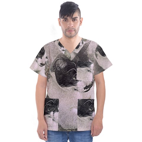 Cat Pet Art Abstract Vintage Men s V-neck Scrub Top by Celenk
