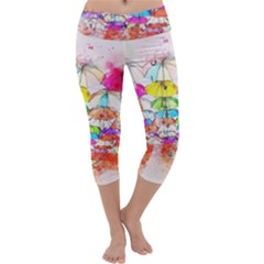 Umbrella Art Abstract Watercolor Capri Yoga Leggings by Celenk