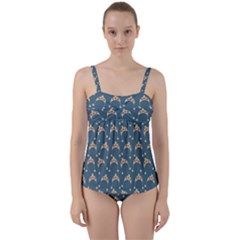 Teal Beige Hats Twist Front Tankini Set by snowwhitegirl