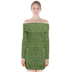 Stars In The Wooden Forest Night In Green Long Sleeve Off Shoulder Dress by pepitasart