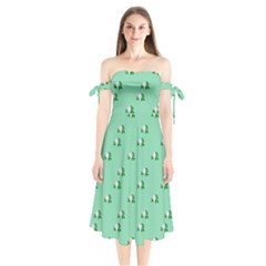 Pink Flowers Green Big Shoulder Tie Bardot Midi Dress by snowwhitegirl