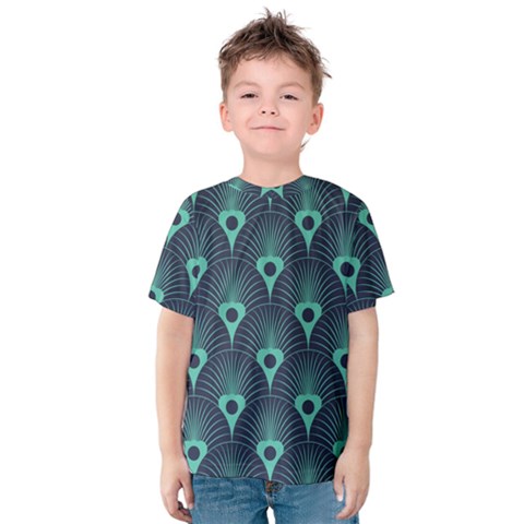 Blue,teal,peacock Pattern,art Deco Kids  Cotton Tee by NouveauDesign