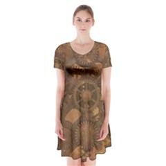 Background Steampunk Gears Grunge Short Sleeve V-neck Flare Dress by Nexatart