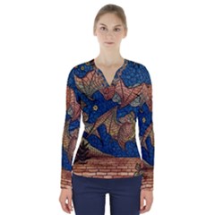 Bats Cubism Mosaic Vintage V-neck Long Sleeve Top by Nexatart