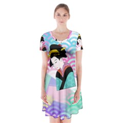 Japanese Abstract Short Sleeve V-neck Flare Dress by snowwhitegirl