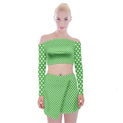 White Heart-shaped Clover On Green St  Patrick s Day Off Shoulder Top With Mini Skirt Set by PodArtist