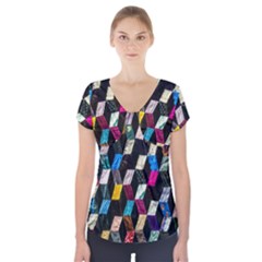 Abstract Multicolor Cubes 3d Quilt Fabric Short Sleeve Front Detail Top by Sapixe