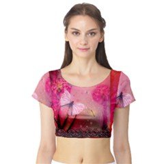 Wonderful Butterflies With Dragonfly Short Sleeve Crop Top by FantasyWorld7