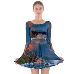 Eruption Of Volcano Sea Full Moon Fantasy Art Long Sleeve Skater Dress by Sapixe