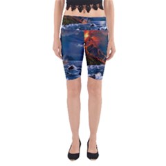 Eruption Of Volcano Sea Full Moon Fantasy Art Yoga Cropped Leggings by Sapixe