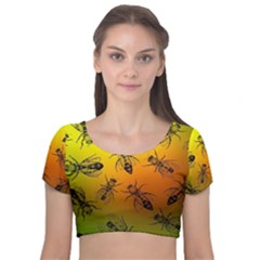 Insect Pattern Velvet Short Sleeve Crop Top  by Sapixe