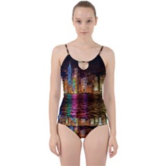 Light Water Cityscapes Night Multicolor Hong Kong Nightlights Cut Out Top Tankini Set by Sapixe