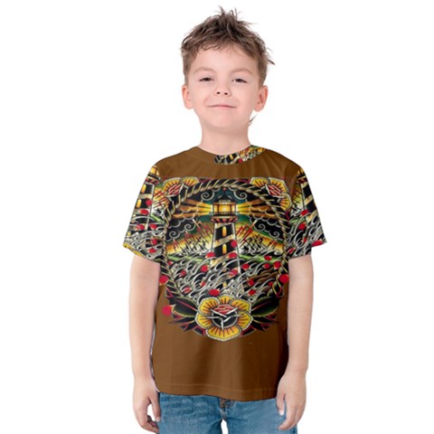 Tattoo Art Print Traditional Artwork Lighthouse Wave Kids  Cotton Tee by Sapixe