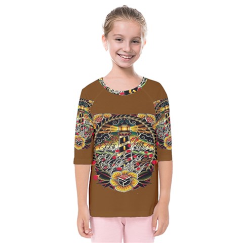 Tattoo Art Print Traditional Artwork Lighthouse Wave Kids  Quarter Sleeve Raglan Tee by Sapixe