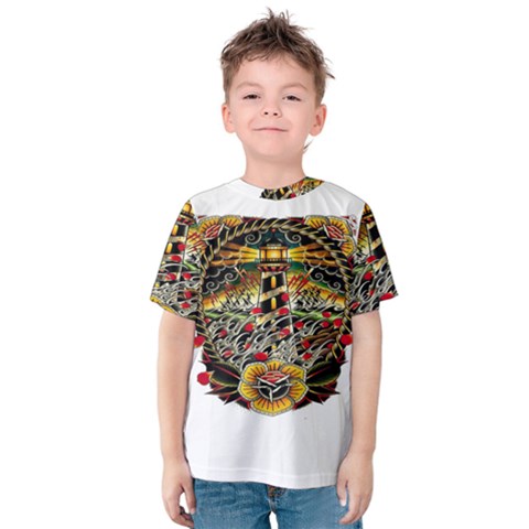Tattoo Art Print Traditional Artwork Lighthouse Wave Kids  Cotton Tee by Sapixe