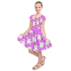 Pink & White Calm Kitty Cat Unicorn Kids  Short Sleeve Dress by PattyVilleDesigns