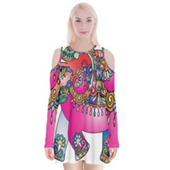 Elephant Pachyderm Animal Velvet Long Sleeve Shoulder Cutout Dress by Simbadda