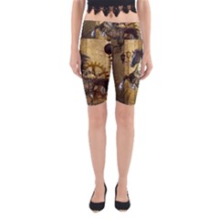 Awesome Steampunk Horse, Clocks And Gears In Golden Colors Yoga Cropped Leggings by FantasyWorld7