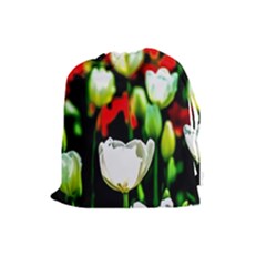 White And Red Sunlit Tulips Drawstring Pouches (large)  by FunnyCow