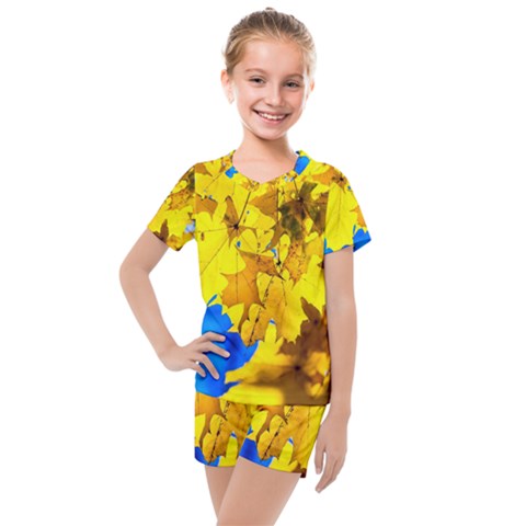 Yellow Maple Leaves Kids  Mesh Tee And Shorts Set by FunnyCow