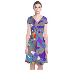 Blue Purple Shapes                                 Short Sleeve Front Wrap Dress by LalyLauraFLM