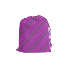 Pink Violet Diagonal Lines Drawstring Pouches (medium)  by snowwhitegirl