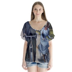 Couple On Bicycle V-neck Flutter Sleeve Top by vintage2030