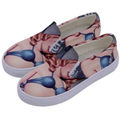 Retro Pin Up Girl Blue Kids  Canvas Slip Ons by vintage2030