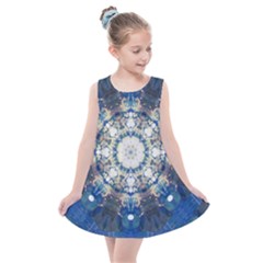 Painted Blue Mandala Flower On Canvas Kids  Summer Dress by pepitasart