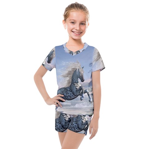 Wonderful Wild Fantasy Horse On The Beach Kids  Mesh Tee And Shorts Set by FantasyWorld7