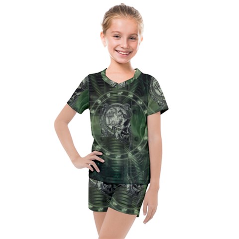 Awesome Creepy Mechanical Skull Kids  Mesh Tee And Shorts Set by FantasyWorld7