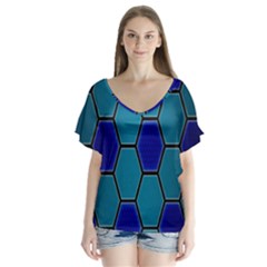 Hexagon Background Geometric Mosaic V-neck Flutter Sleeve Top by Sapixe