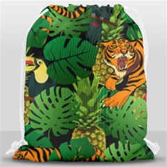 Tropical Pelican Tiger Jungle Black Drawstring Bag (large) by snowwhitegirl