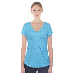Retro Blue Pattern Short Sleeve Front Detail Top by snowwhitegirl