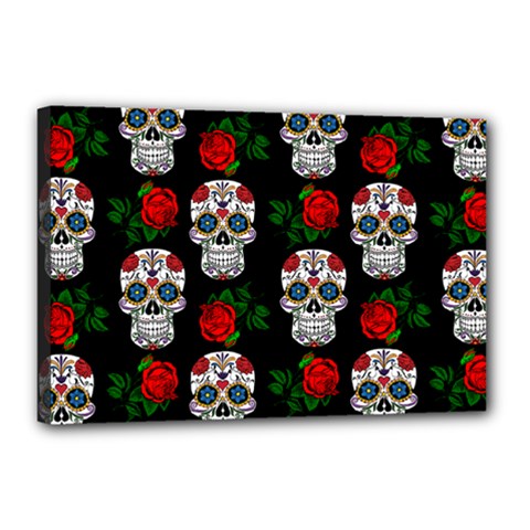 Skull Pattern Black Canvas 18  X 12  (stretched) by snowwhitegirl