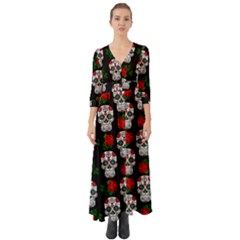 Skull Pattern Black Button Up Boho Maxi Dress by snowwhitegirl