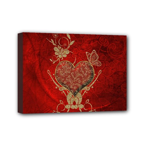 Wonderful Decorative Heart In Gold And Red Mini Canvas 7  X 5  (stretched) by FantasyWorld7
