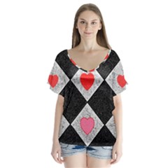 Diamonds Hearts Mosaic Pattern V-neck Flutter Sleeve Top by Simbadda