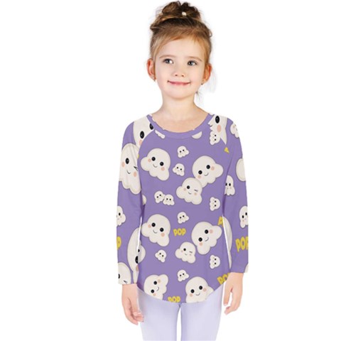 Cute Kawaii Popcorn Pattern Kids  Long Sleeve Tee by Valentinaart
