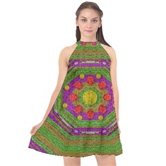 Flowers In Rainbows For Ornate Joy Halter Neckline Chiffon Dress  by pepitasart