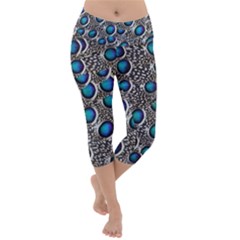 Peacock Pattern Close Up Plumage Lightweight Velour Capri Yoga Leggings by Celenk