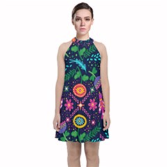 Colorful Pattern Velvet Halter Neckline Dress  by Hansue