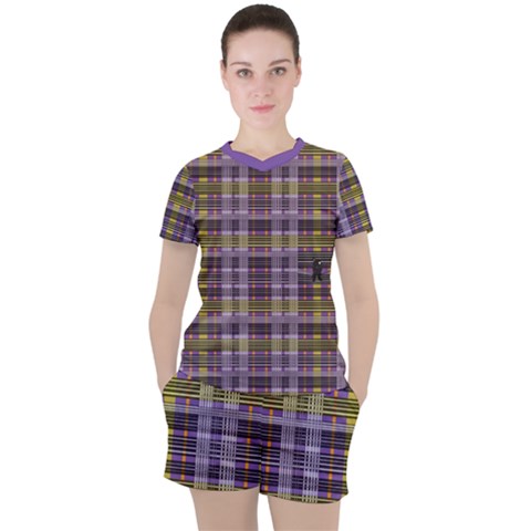 Playing With Plaid Kitten (purple) Halloween Pattern Women s Mesh Tee And Shorts Set by emilyzragz