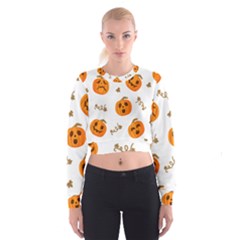Funny Spooky Halloween Pumpkins Pattern White Orange Cropped Sweatshirt by HalloweenParty