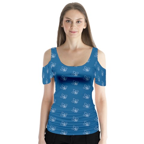 Quebec French Royal Fleur De Lys Elegant Pattern Blue Blue Quebec Fleur De Lys Pattern Blue Butterfly Sleeve Cutout Tee  by Quebec