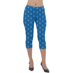 Quebec French Royal Fleur De Lys Elegant Pattern Blue Blue Quebec Fleur De Lys Pattern Blue Lightweight Velour Capri Leggings  by Quebec