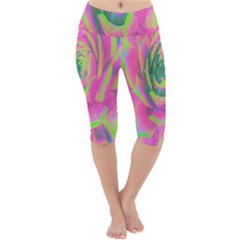 Lime Green And Pink Succulent Sedum Rosette Lightweight Velour Cropped Yoga Leggings by myrubiogarden