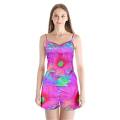 Psychedelic Pink And Red Hibiscus Flower Satin Pajamas Set by myrubiogarden