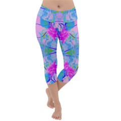 Pink And Purple Dahlia On Blue Pattern Lightweight Velour Capri Yoga Leggings by myrubiogarden